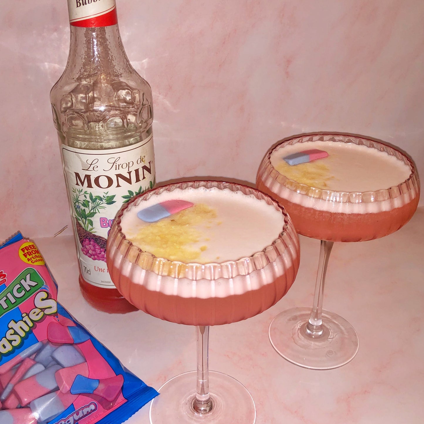 Bubblegum Martini Cocktail. Pink bubblegum sweet cocktail